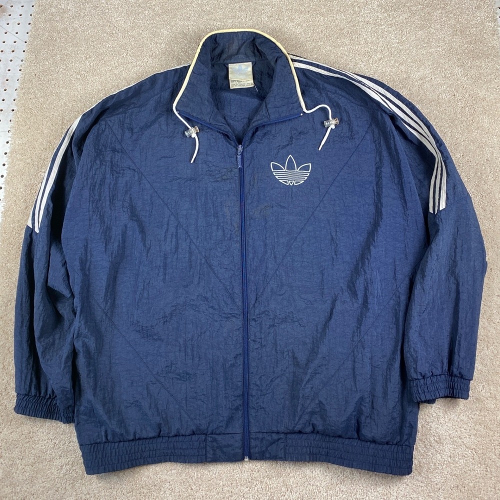 Vintage Adidas Trefoil Spellout Track Jacket Navy Blue Mens XL Windbreaker